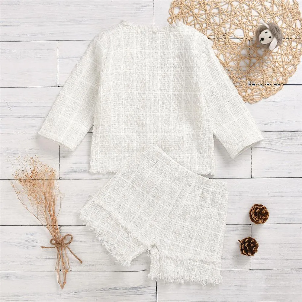 Girls White Button Long Sleeve Jacket & Tassel Shorts