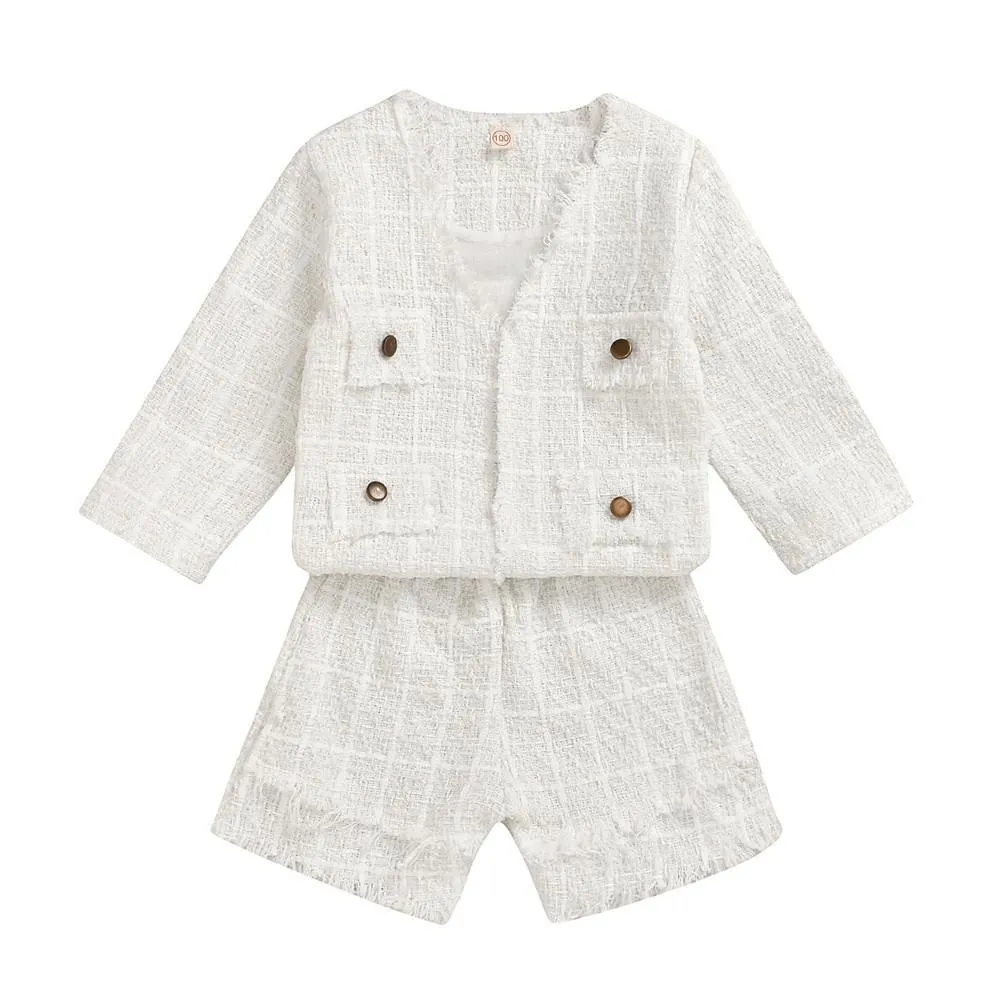 Girls White Button Long Sleeve Jacket & Tassel Shorts