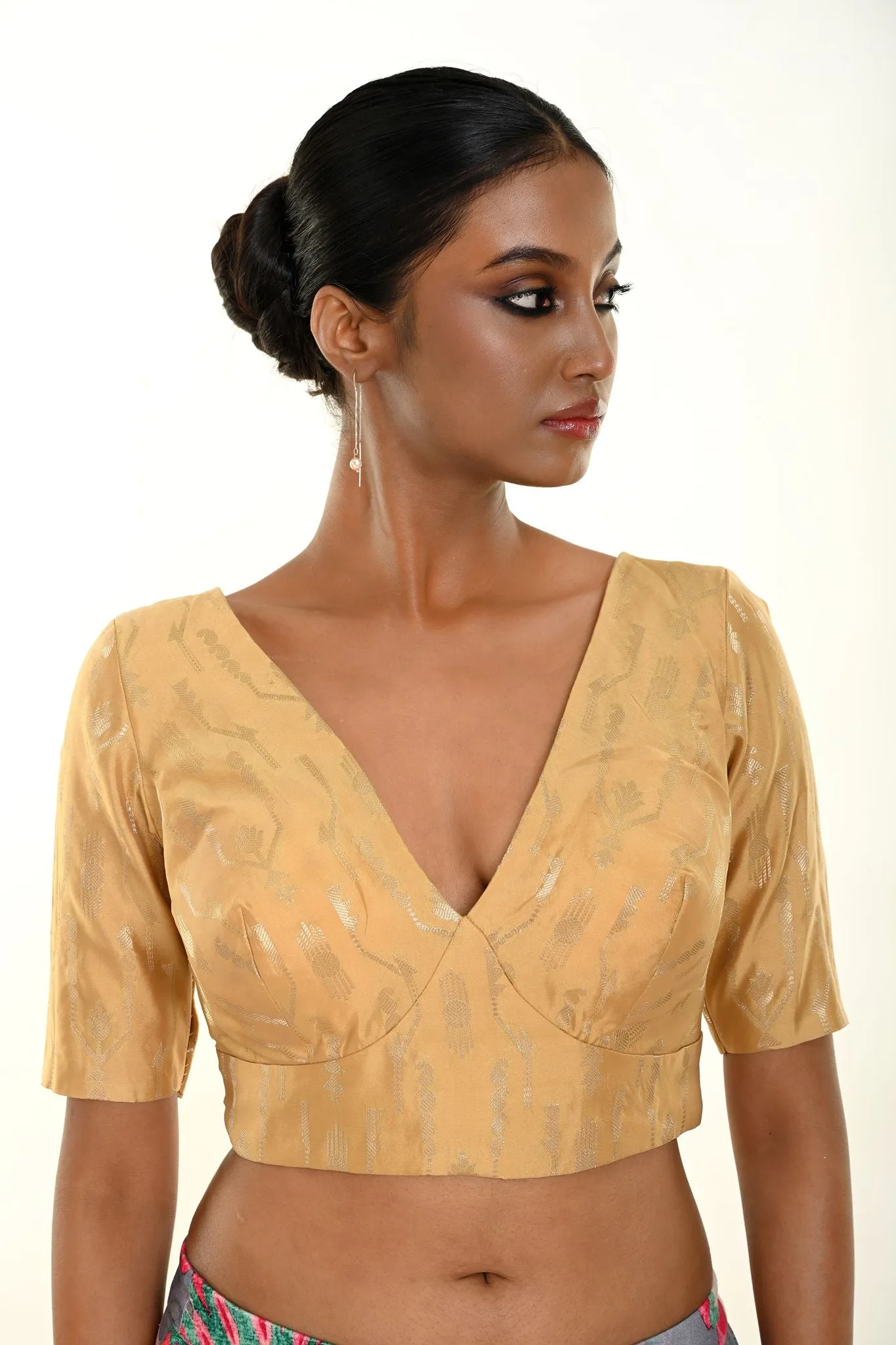 Gold Brocade Blouse with Deep V Neckline and Elbow Sleeves