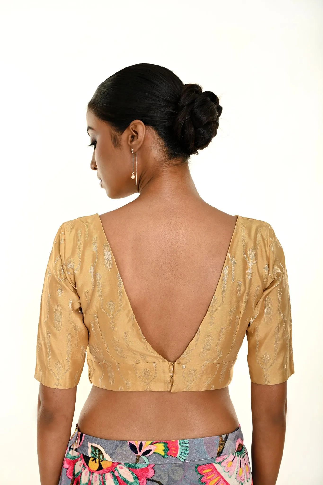 Gold Brocade Blouse with Deep V Neckline and Elbow Sleeves