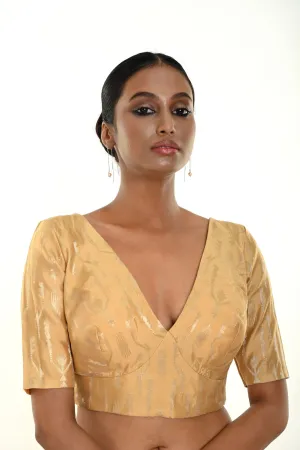 Gold Brocade Blouse with Deep V Neckline and Elbow Sleeves