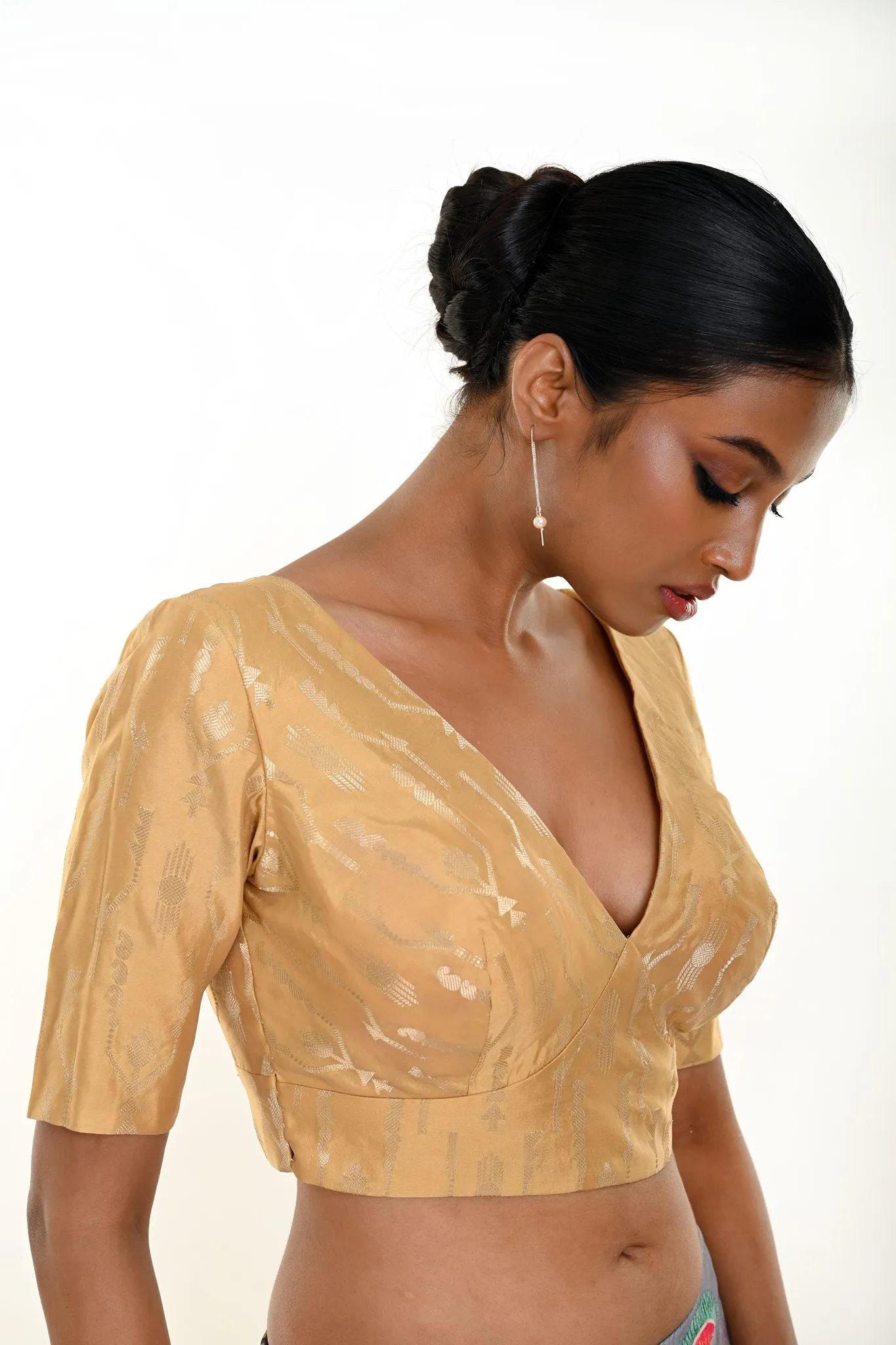 Gold Brocade Blouse with Deep V Neckline and Elbow Sleeves