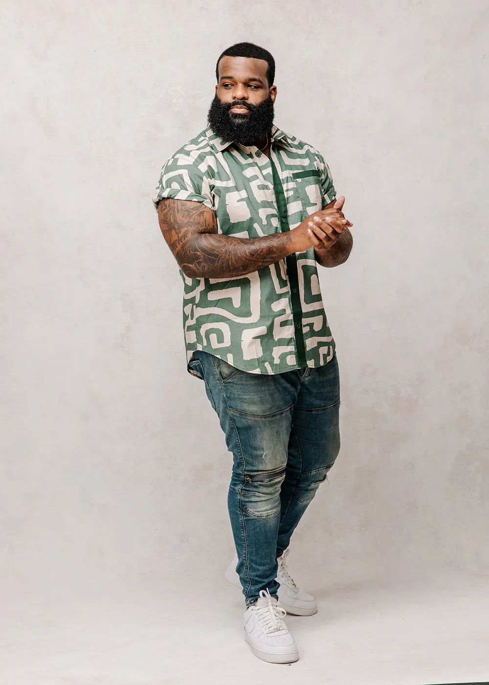 Hakim Men's Button-Up Shirt (Olive Geometric)
