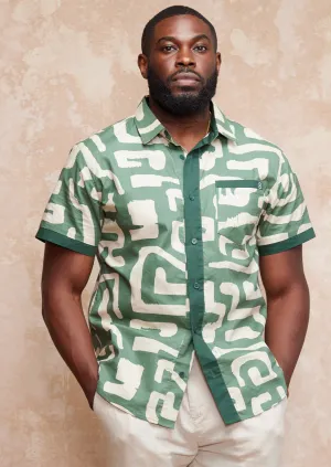Hakim Men's Button-Up Shirt (Olive Geometric)