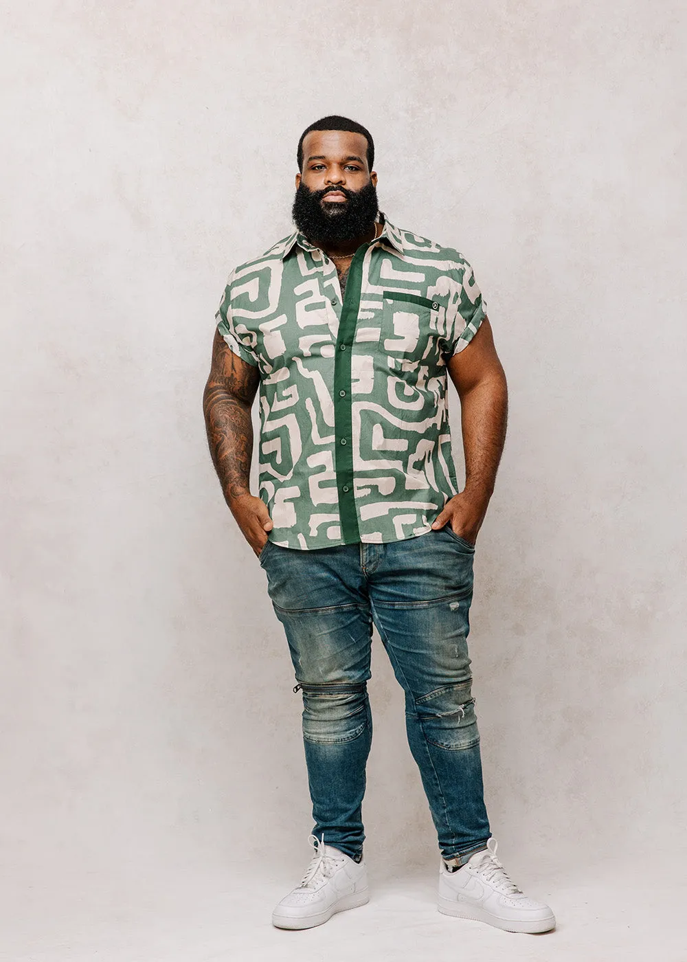 Hakim Men's Button-Up Shirt (Olive Geometric)