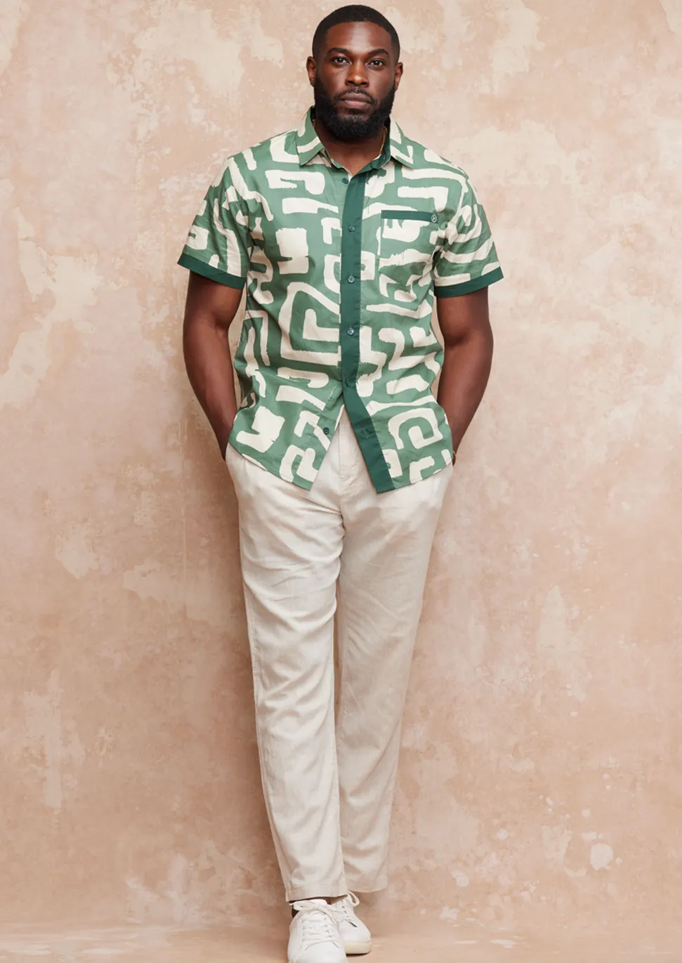 Hakim Men's Button-Up Shirt (Olive Geometric)