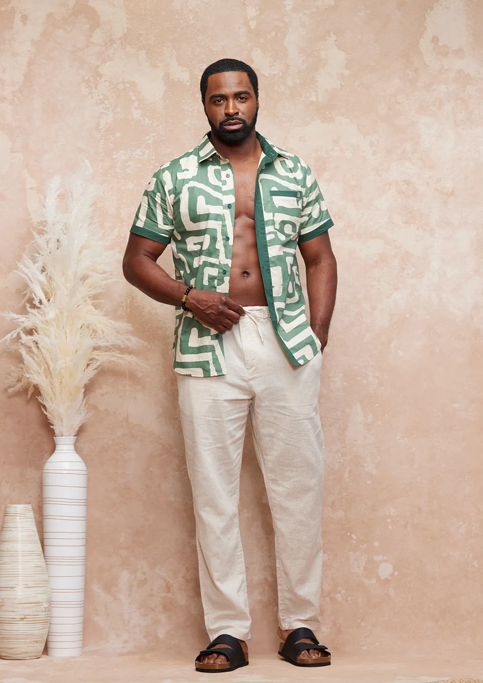Hakim Men's Button-Up Shirt (Olive Geometric)