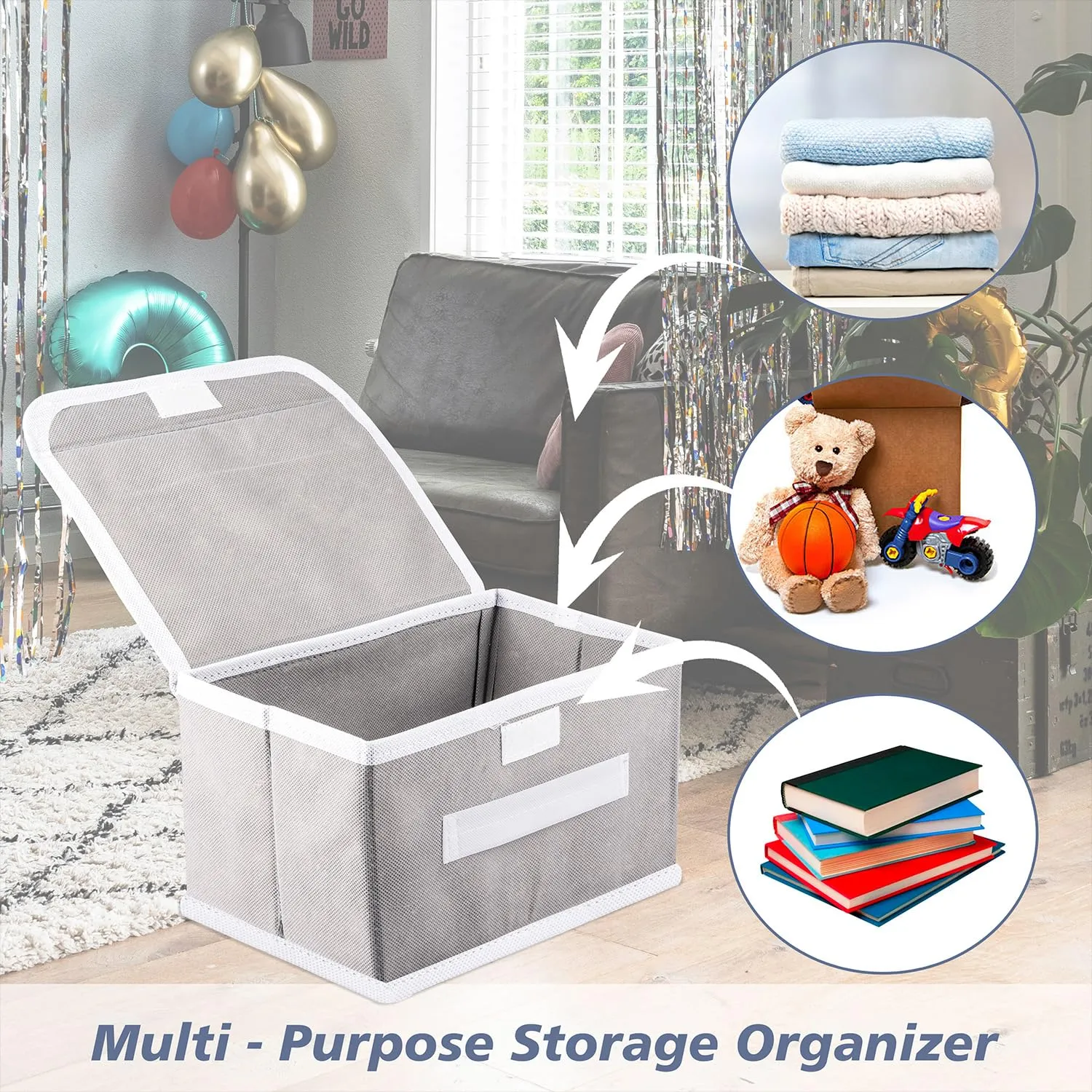 Heart Home Drawer Storage Box | Plain Dhakkan Storage Box | Non-Woven Clothes Organizer For Toys | Storage Box with Handle | Small | Pack of 2 | Gray