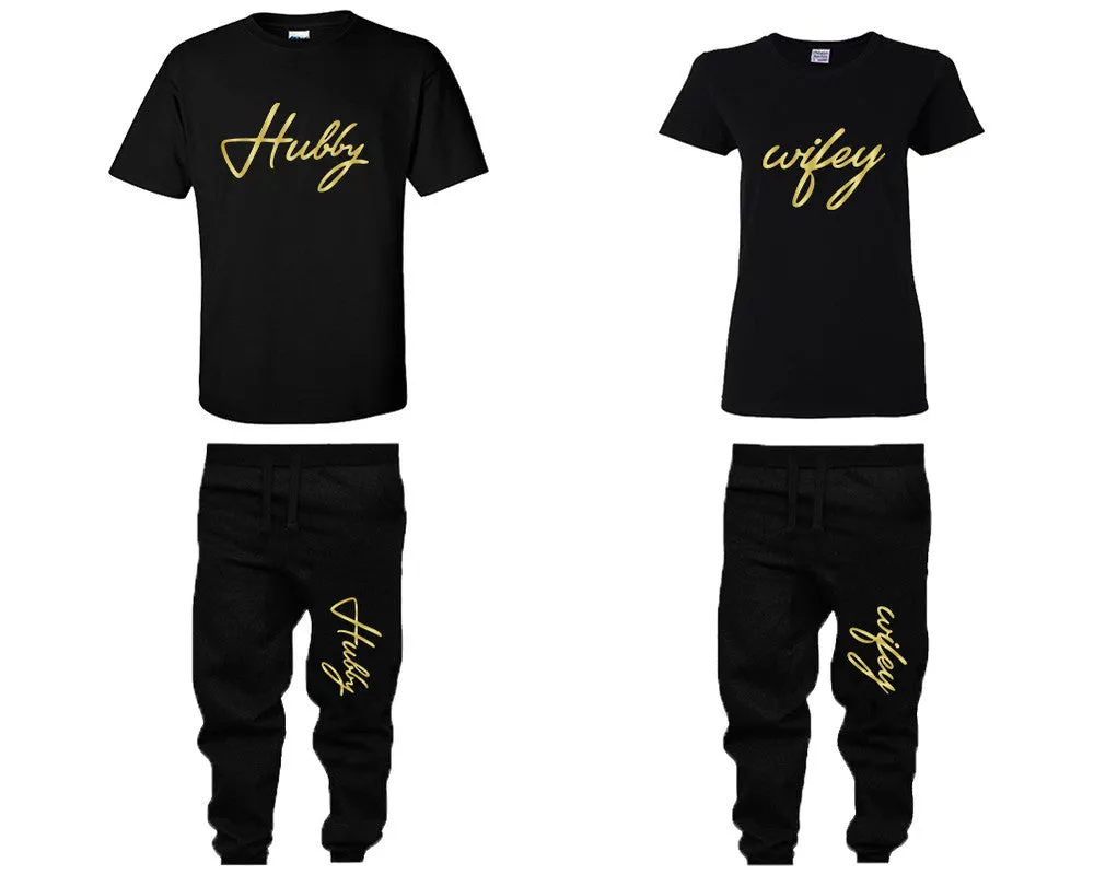 Hubby & Wifey Couple Matching T-Shirts & Jogger Pants – 4-Piece Set: Men’s and Women’s Styles Sold Separately in Gold Foil Design