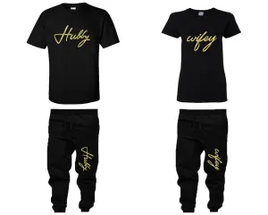 Hubby & Wifey Couple Matching T-Shirts & Jogger Pants – 4-Piece Set: Men’s and Women’s Styles Sold Separately in Gold Foil Design
