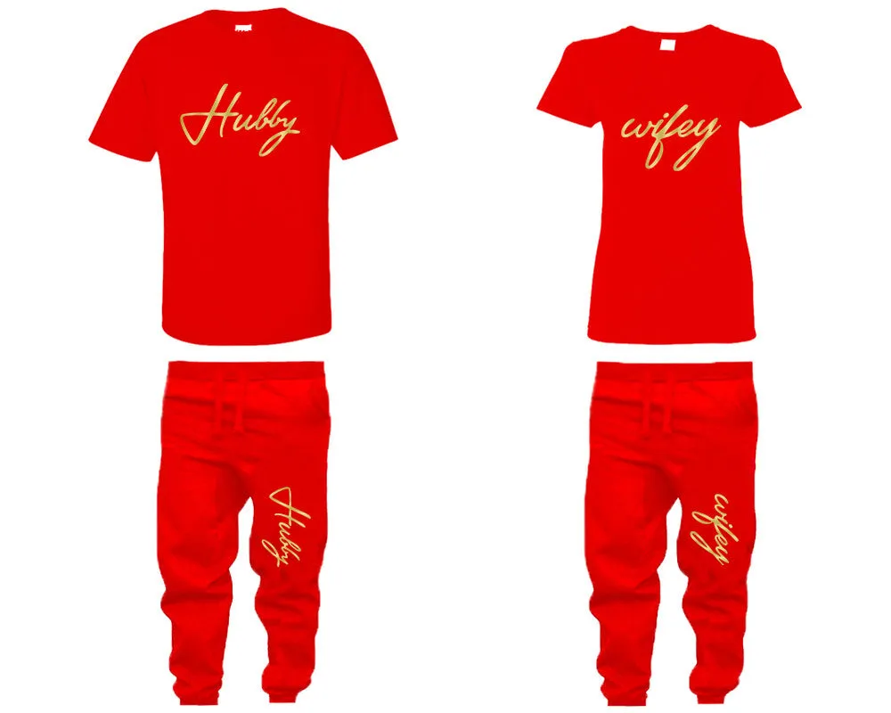 Hubby & Wifey Couple Matching T-Shirts & Jogger Pants – 4-Piece Set: Men’s and Women’s Styles Sold Separately in Gold Foil Design
