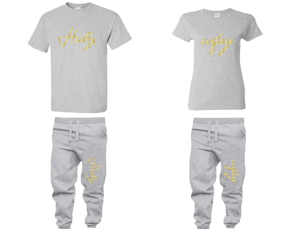 Hubby & Wifey Couple Matching T-Shirts & Jogger Pants – 4-Piece Set: Men’s and Women’s Styles Sold Separately in Gold Foil Design