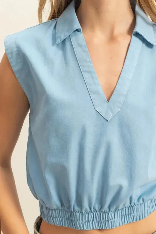 HYFVE Johnny Collar Sleeveless Cropped Blouse In Pastel Blue