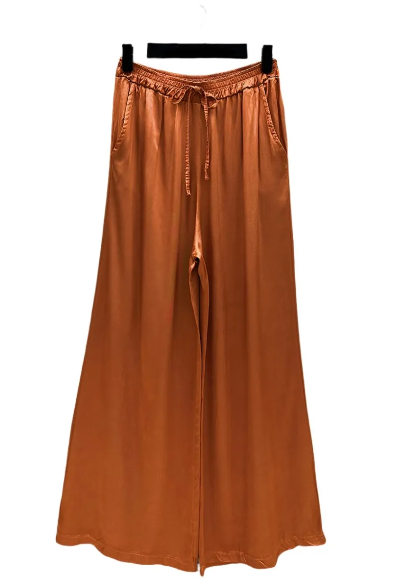 Italian Wide Flowing Trousers In Satin Viscose One Size