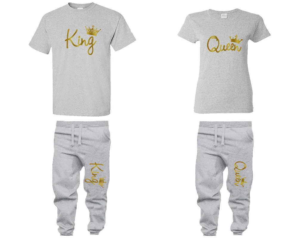 King & Queen Couple Matching T-Shirts & Jogger Pants – 4-Piece Set: Men’s and Women’s Styles Sold Separately in Gold Foil Design