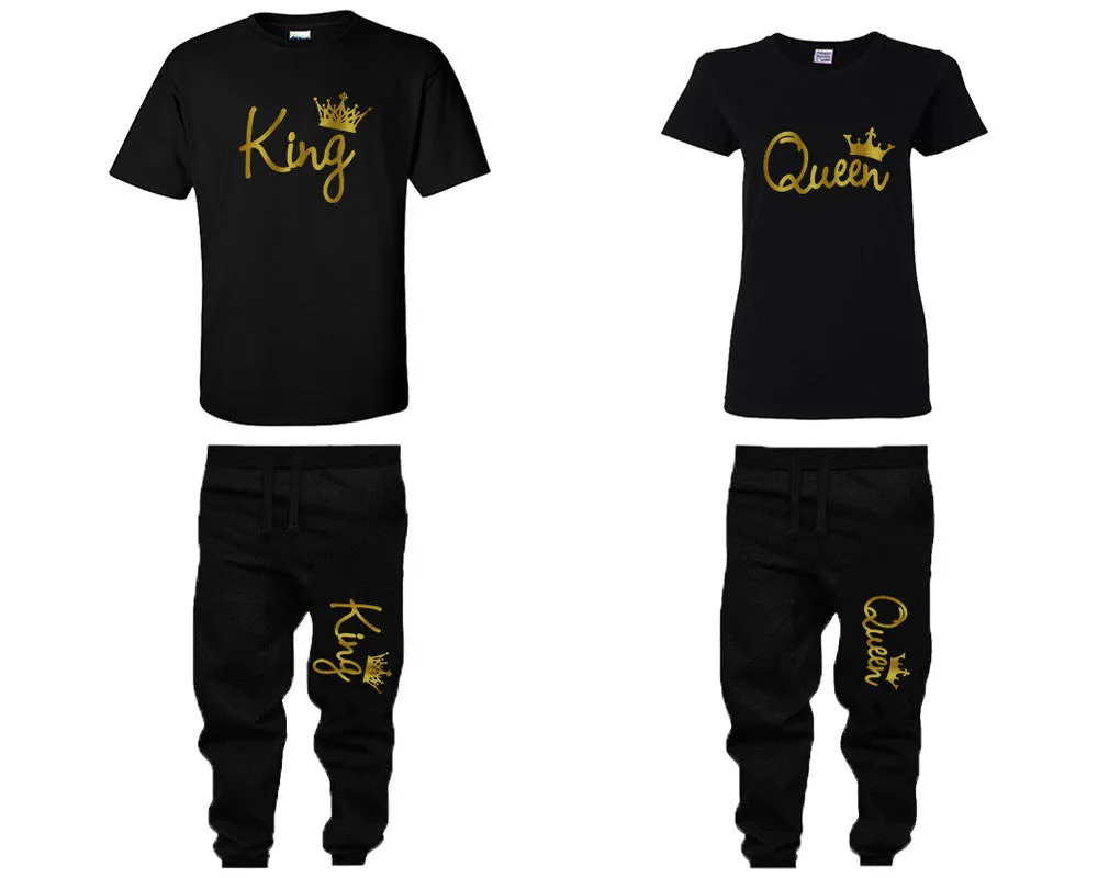 King & Queen Couple Matching T-Shirts & Jogger Pants – 4-Piece Set: Men’s and Women’s Styles Sold Separately in Gold Foil Design