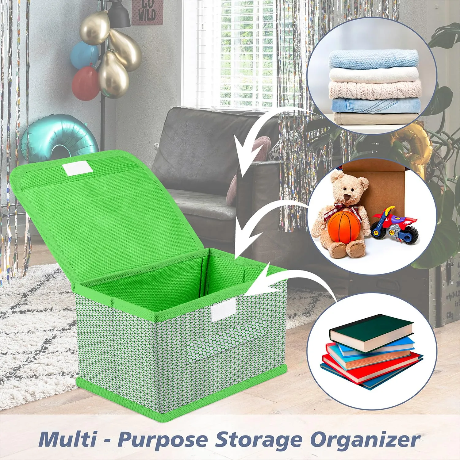 Kuber Industries Drawer Storage Box | Foldable Dhakkan Storage Box | Non-Woven Clothes Organizer For Toys | Storage Box with Handle | Large | Pack of 2 | Green & Gray