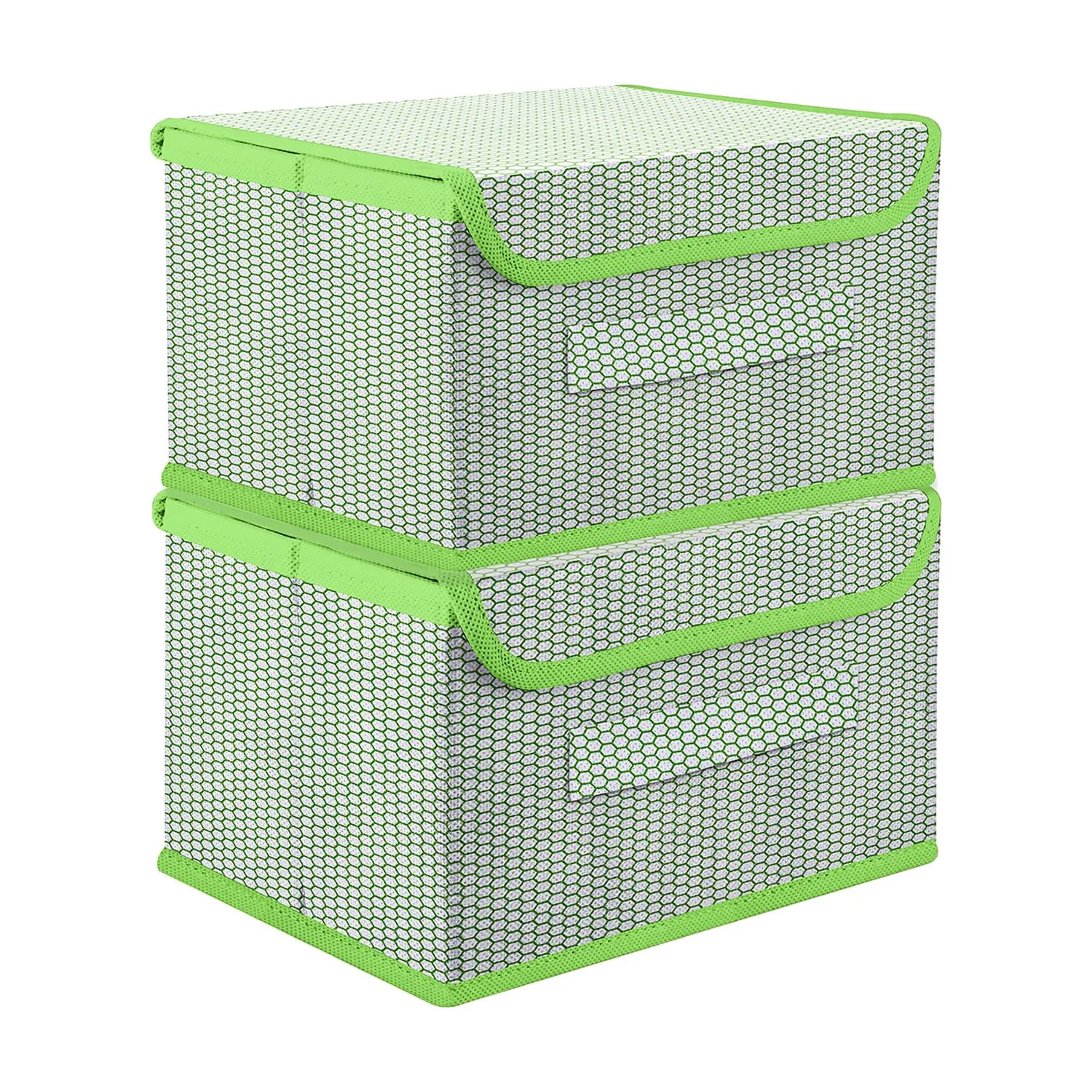 Kuber Industries Drawer Storage Box | Zig Zag Dhakkan Storage Box | Non-Woven Clothes Organizer For Toys | Storage Box with Handle | Large | Pack of 2 | Green