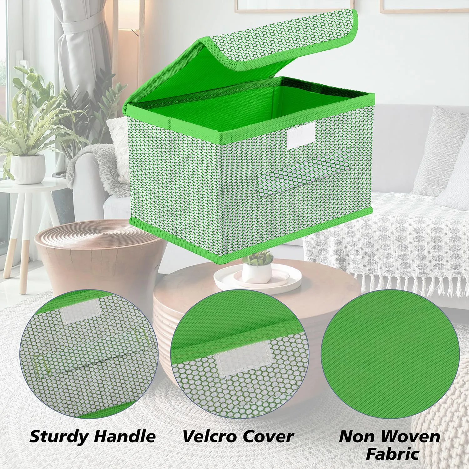 Kuber Industries Drawer Storage Box | Zig Zag Dhakkan Storage Box | Non-Woven Clothes Organizer For Toys | Storage Box with Handle | Large | Pack of 2 | Green