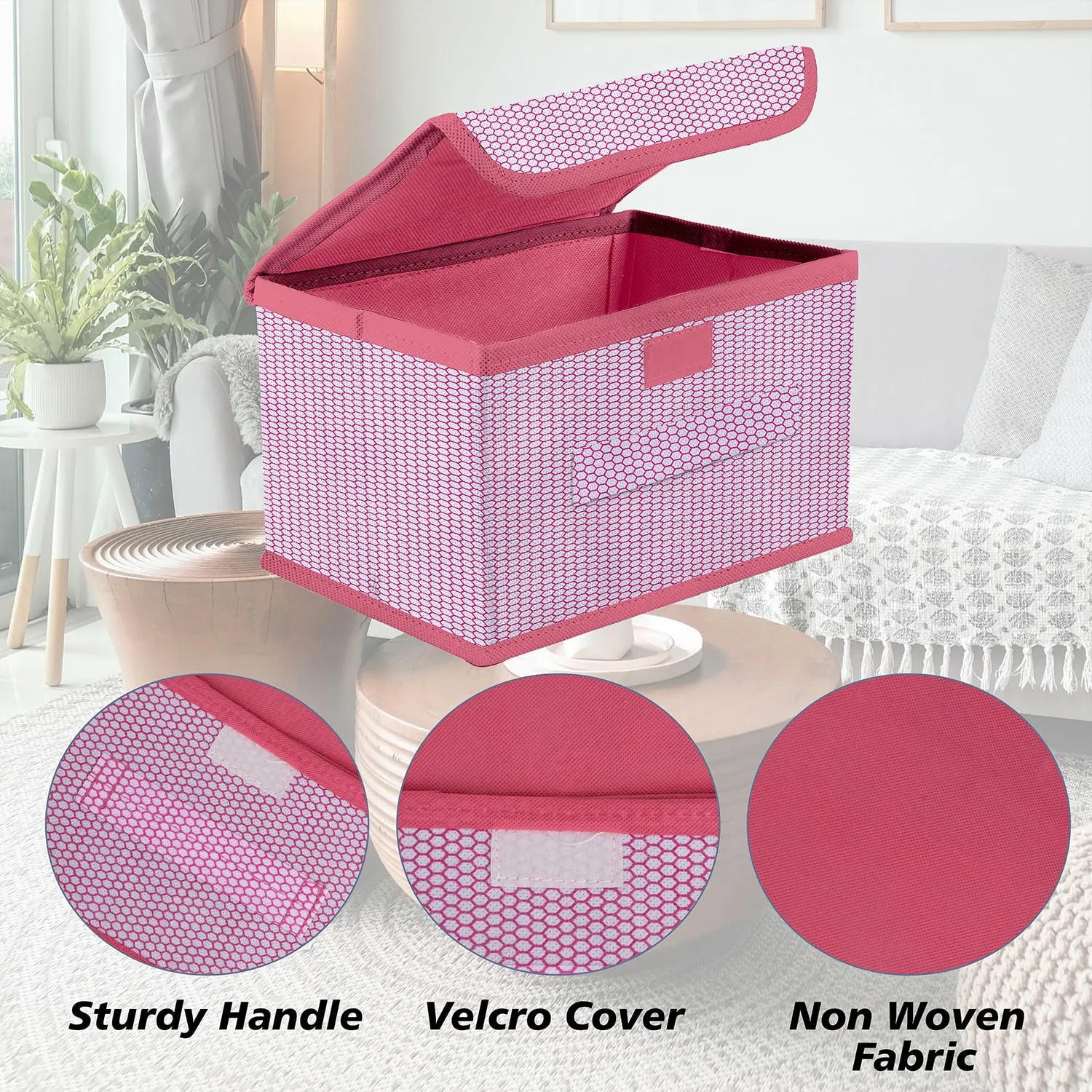 Kuber Industries Drawer Storage Box | Zig Zag Dhakkan Storage Box | Non-Woven Clothes Organizer For Toys | Storage Box with Handle | Large | Pack of 3 | Pink