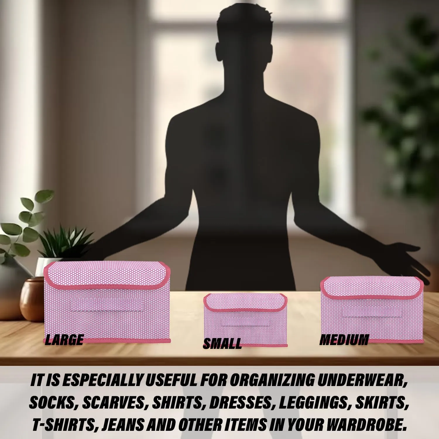 Kuber Industries Drawer Storage Box | Zig Zag Dhakkan Storage Box | Non-Woven Clothes Organizer For Toys | Storage Box with Handle | Large | Pack of 3 | Pink