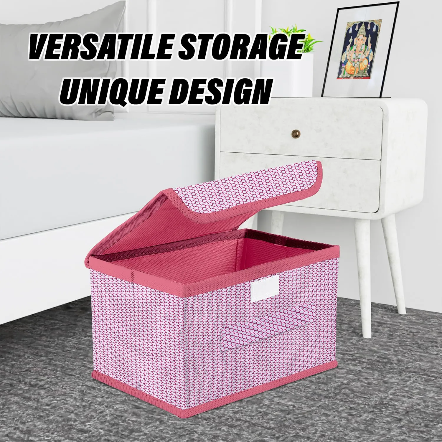 Kuber Industries Drawer Storage Box | Zig Zag Dhakkan Storage Box | Non-Woven Clothes Organizer For Toys | Storage Box with Handle | Large | Pack of 3 | Pink