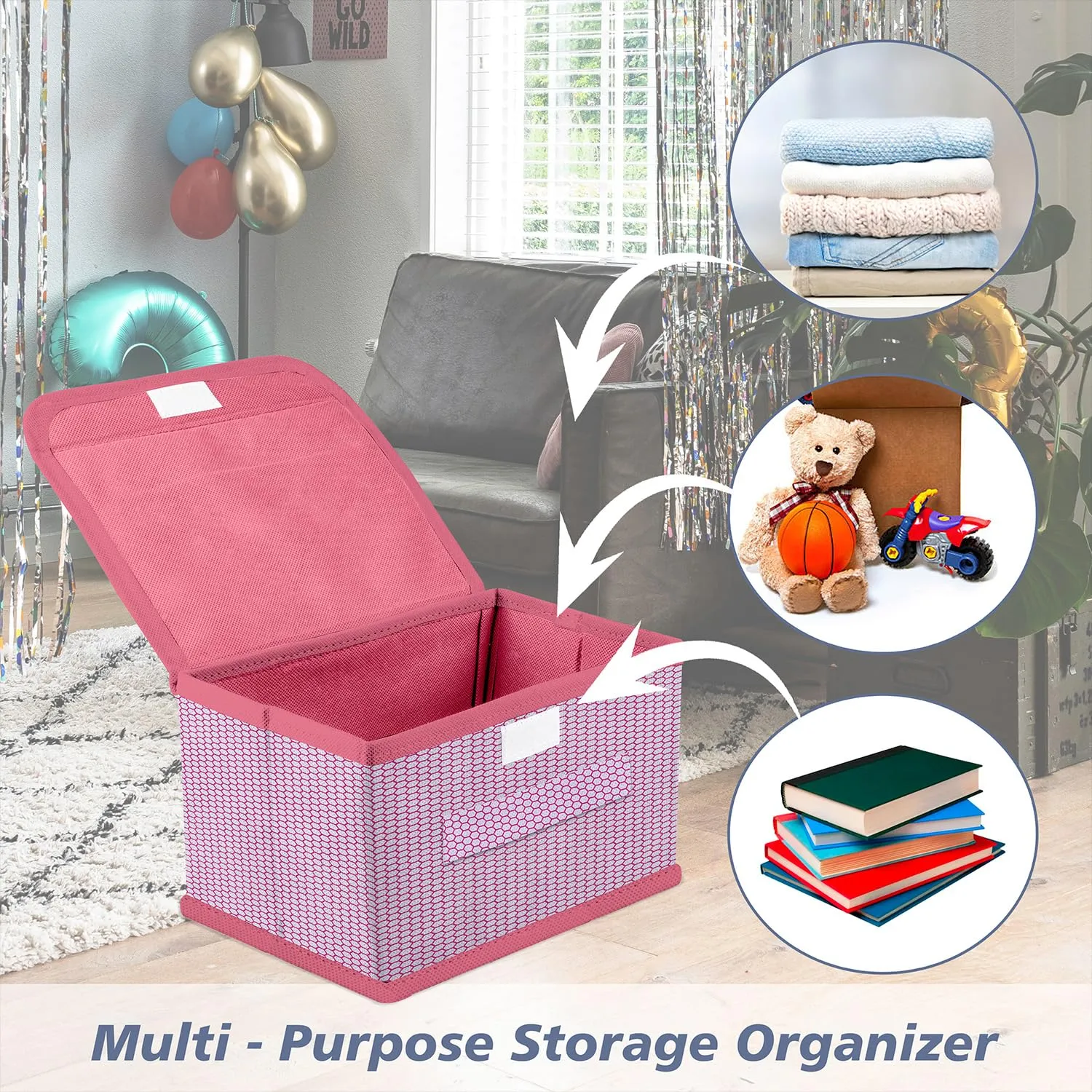 Kuber Industries Drawer Storage Box | Zig Zag Dhakkan Storage Box | Non-Woven Clothes Organizer For Toys | Storage Box with Handle | Large | Pack of 3 | Pink
