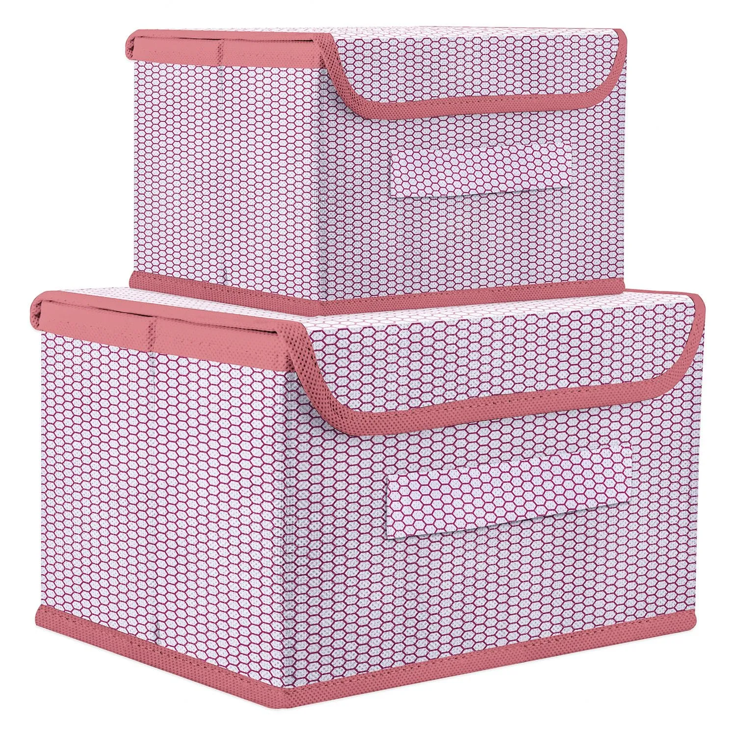Kuber Industries Drawer Storage Box | Zig Zag Dhakkan Storage Box | Non-Woven Clothes Organizer | Storage Box with Handle | M | L | Pack of 2 | Pink
