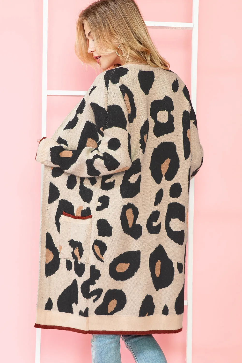 Leopard Print Open Front Pockets Midi Cardigan