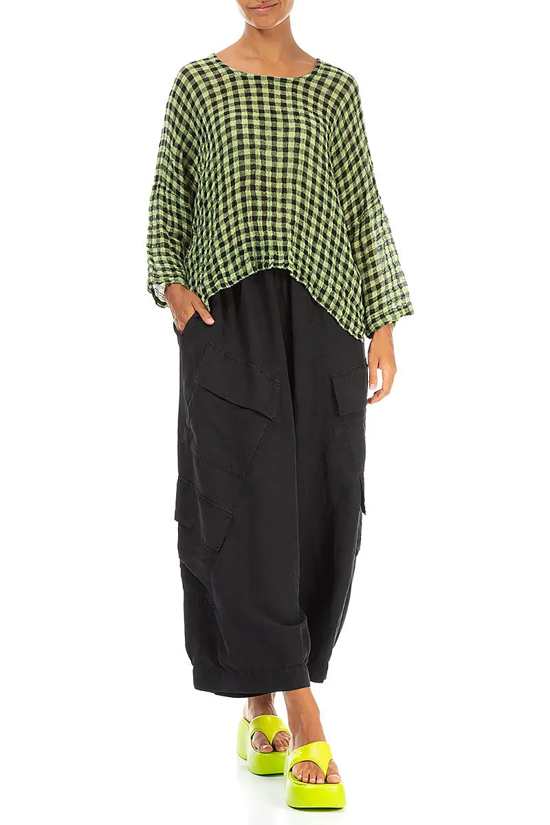 Loose Lime Check Gauze Linen Blouse
