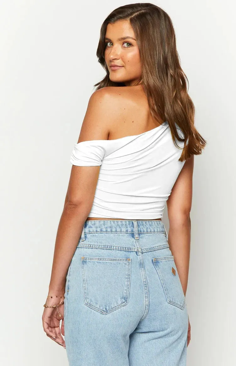 LVSANW Sexy Sloping Shoulder Collar Pleated Asymmetrical Short Sleeve Summer  Shoulder Off Solid Color New Casual Versatile Top