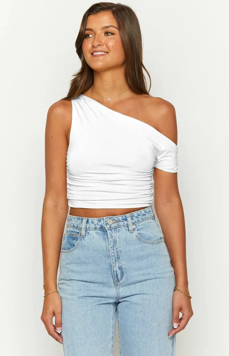 LVSANW Sexy Sloping Shoulder Collar Pleated Asymmetrical Short Sleeve Summer  Shoulder Off Solid Color New Casual Versatile Top