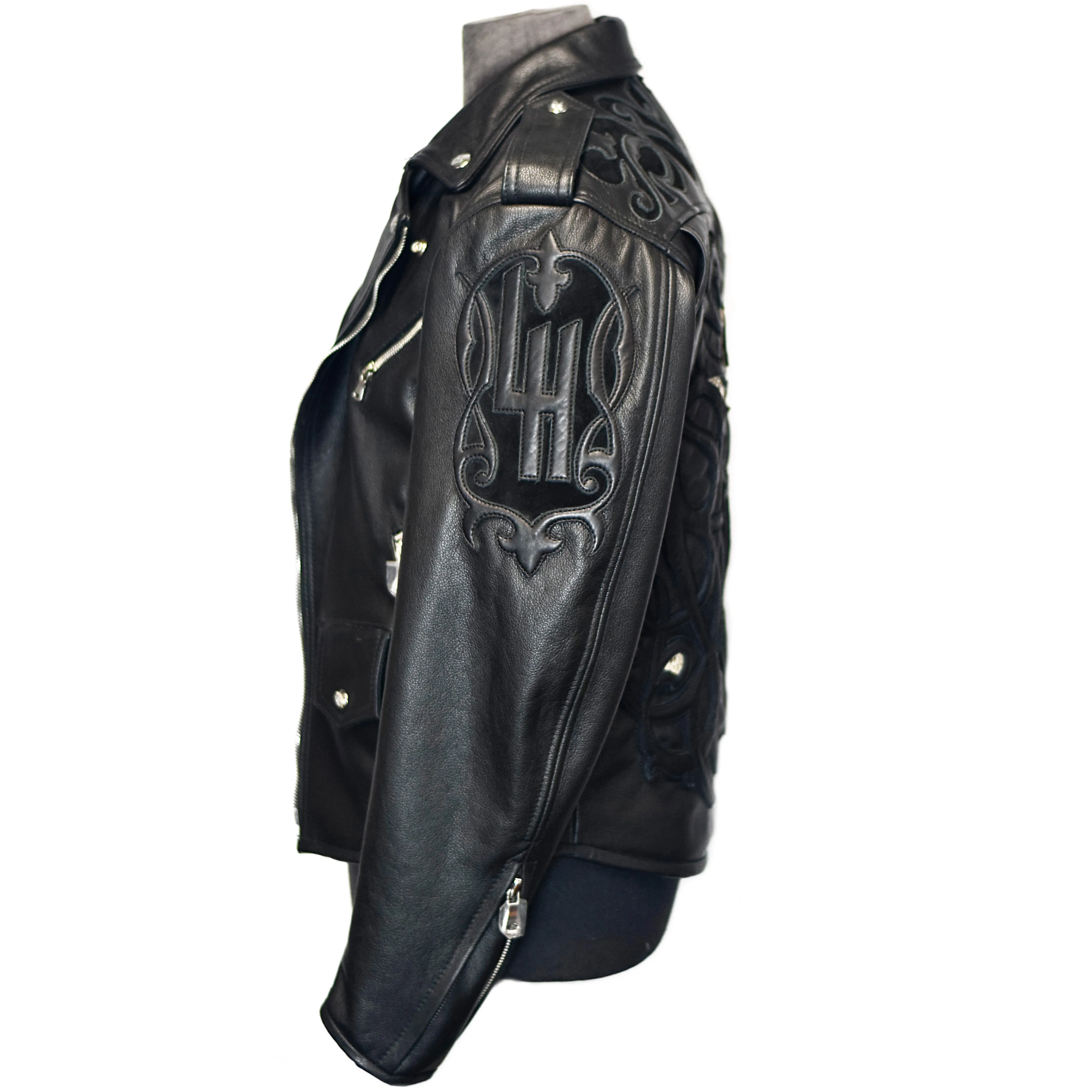 Men's Black Biker Leather Jacket, Natural Python trims.