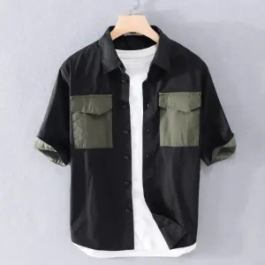 Men's Minimalist Color-Blocking Patchwork Short-Sleeved Shirt | Casual Loose Oversize Fashion | Versatile Lapel Style