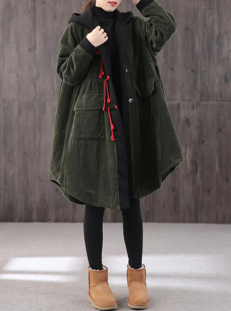 Mid-length Retro Winter Padded Warm Corduroy Casual Coat Women's Hooded Green Trench Coat Corduroy Over coat