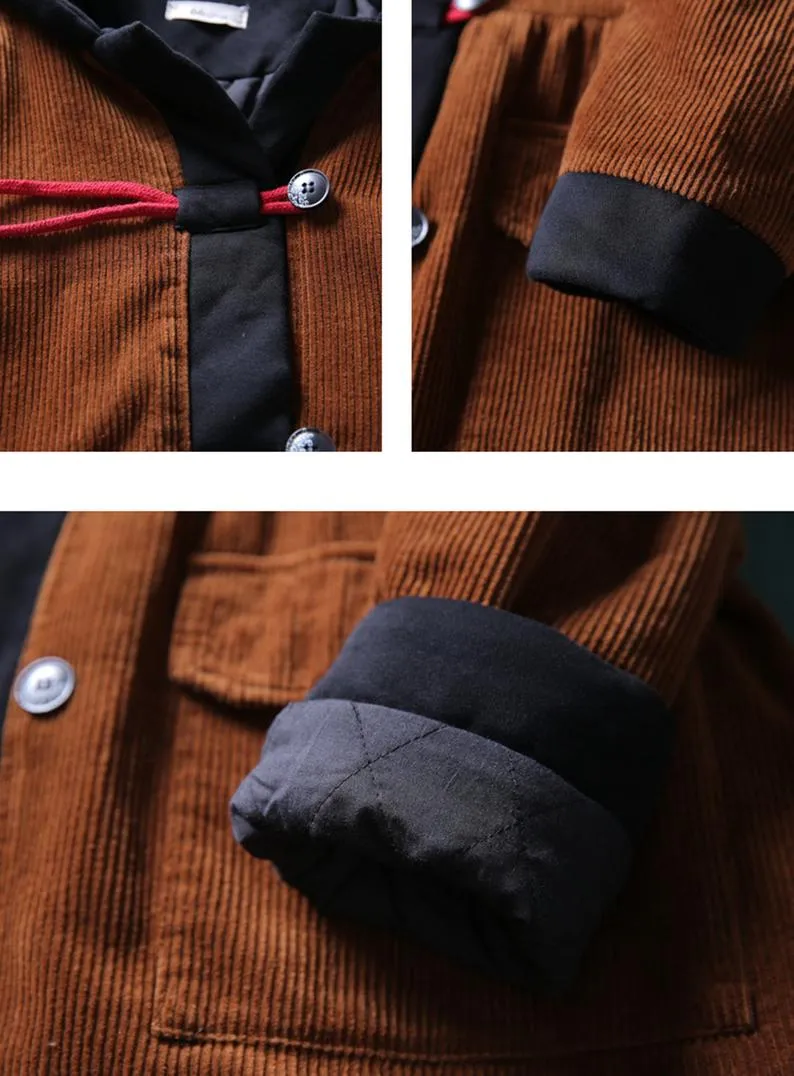 Mid-length Retro Winter Padded Warm Corduroy Casual Coat Women's Hooded Green Trench Coat Corduroy Over coat