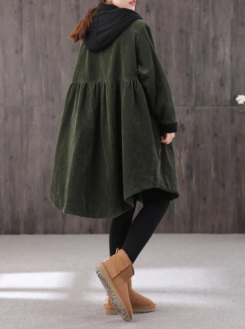 Mid-length Retro Winter Padded Warm Corduroy Casual Coat Women's Hooded Green Trench Coat Corduroy Over coat