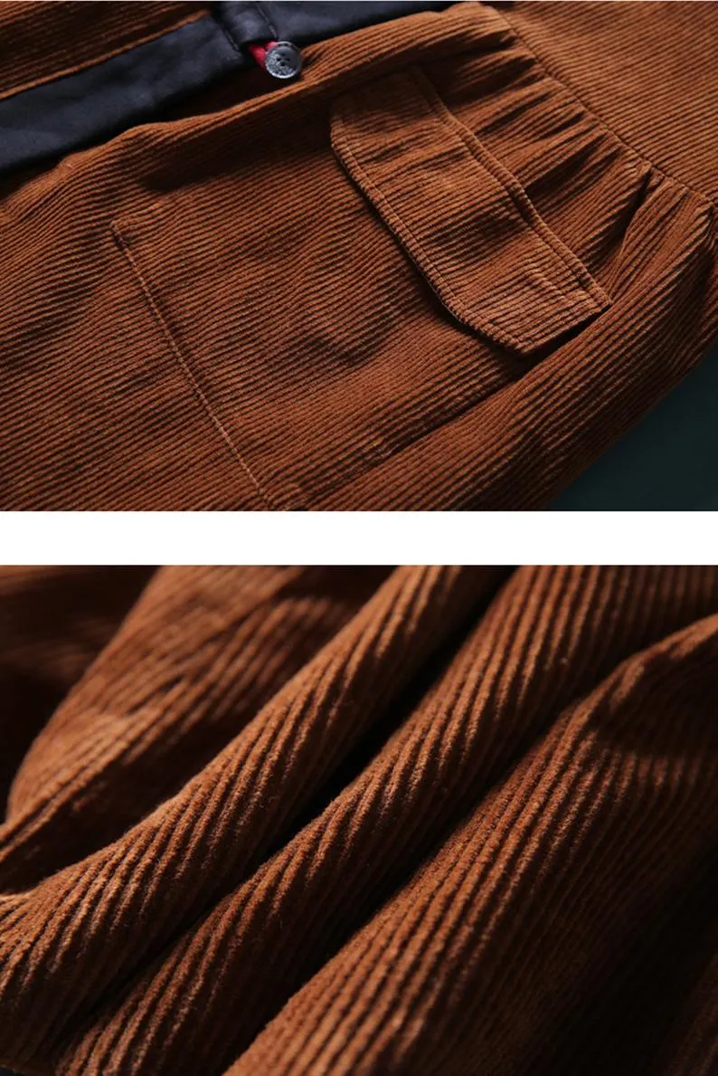 Mid-length Retro Winter Padded Warm Corduroy Casual Coat Women's Hooded Green Trench Coat Corduroy Over coat