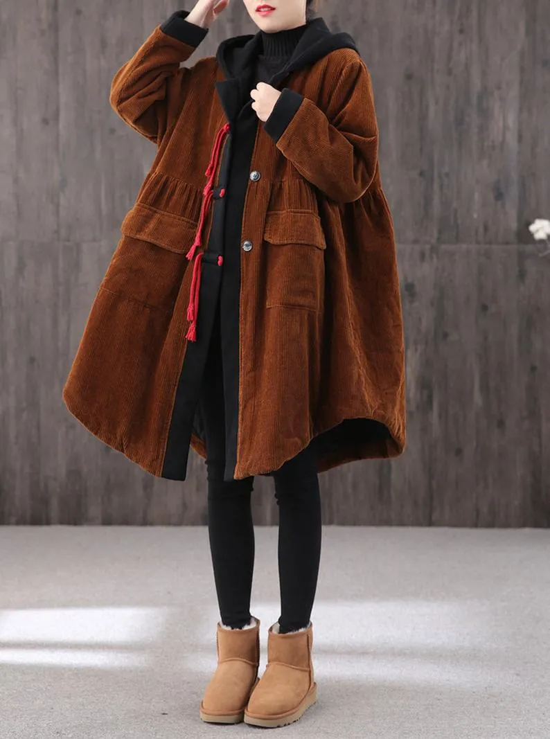 Mid-length Retro Winter Padded Warm Corduroy Casual Coat Women's Hooded Green Trench Coat Corduroy Over coat