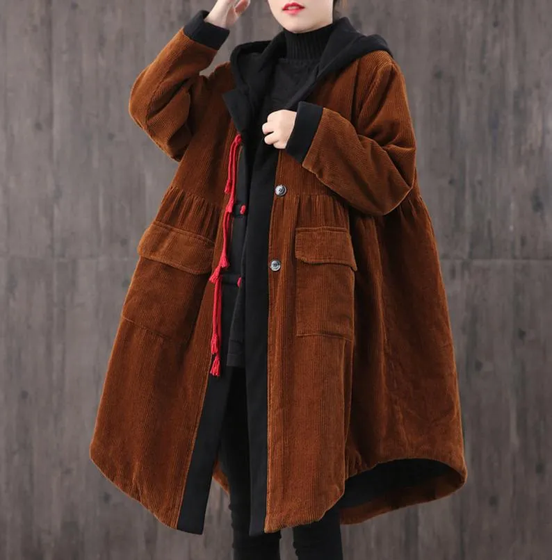 Mid-length Retro Winter Padded Warm Corduroy Casual Coat Women's Hooded Green Trench Coat Corduroy Over coat