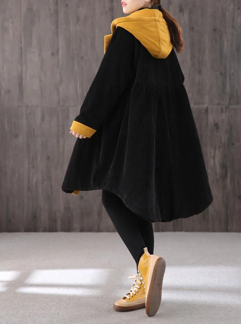 Mid-length Retro Winter Padded Warm Corduroy Casual Coat Women's Hooded Green Trench Coat Corduroy Over coat