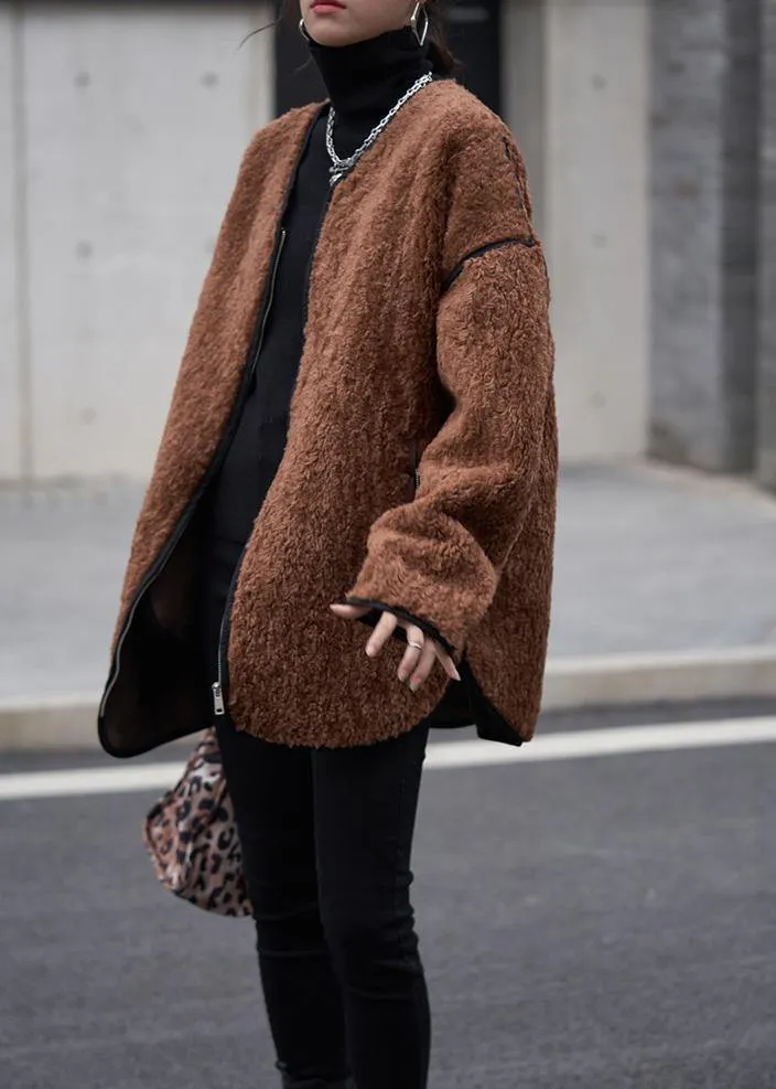 oversized Coats women chocolate o neck zippered wool coat
