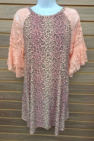 Pink Leopard Lace Bell Sleeve Blouse