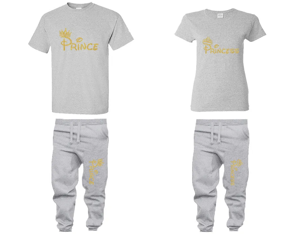 Prince & Princess Couple Matching T-Shirts & Jogger Pants – 4-Piece Set: Men’s and Women’s Styles Sold Separately in Gold Glitter Design