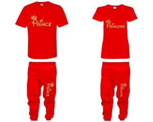 Prince & Princess Couple Matching T-Shirts & Jogger Pants – 4-Piece Set: Men’s and Women’s Styles Sold Separately in Gold Glitter Design