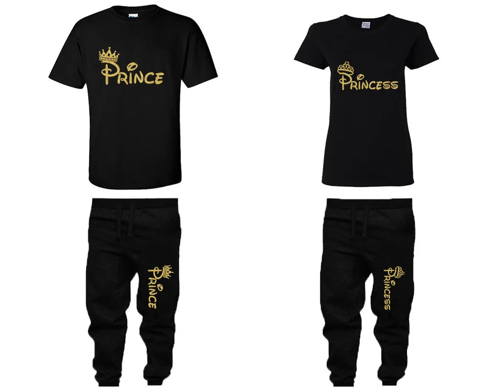 Prince & Princess Couple Matching T-Shirts & Jogger Pants – 4-Piece Set: Men’s and Women’s Styles Sold Separately in Gold Glitter Design