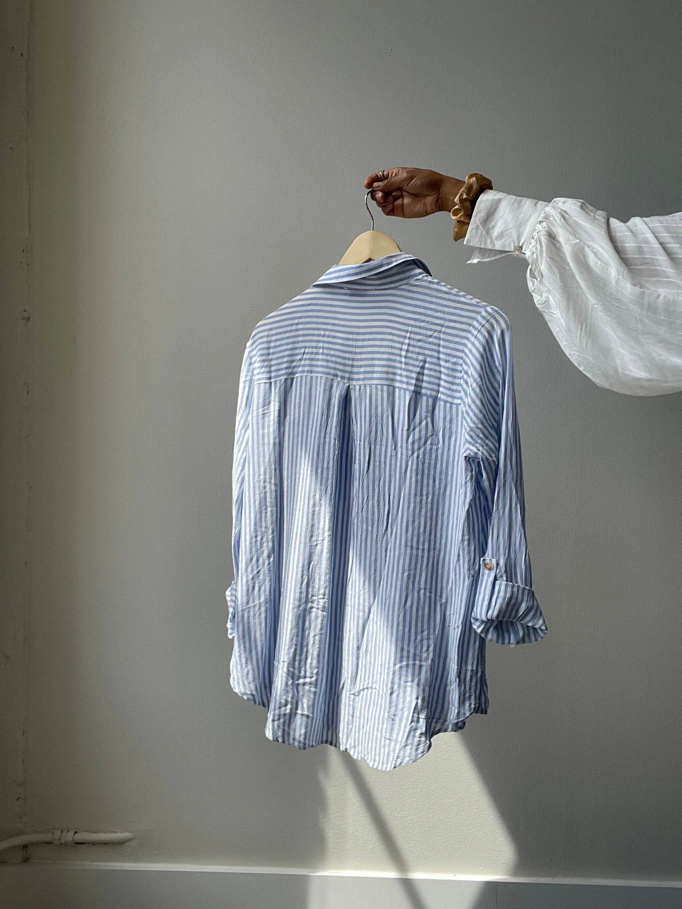 Rachel Oversized Striped Button Down Shirt In Sky Blue