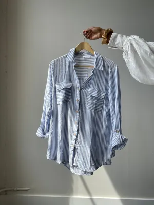 Rachel Oversized Striped Button Down Shirt In Sky Blue