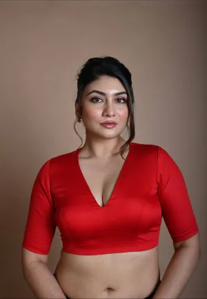 Red Half Sleeve Blouse in Cotton with V Neckline and Back Cutout