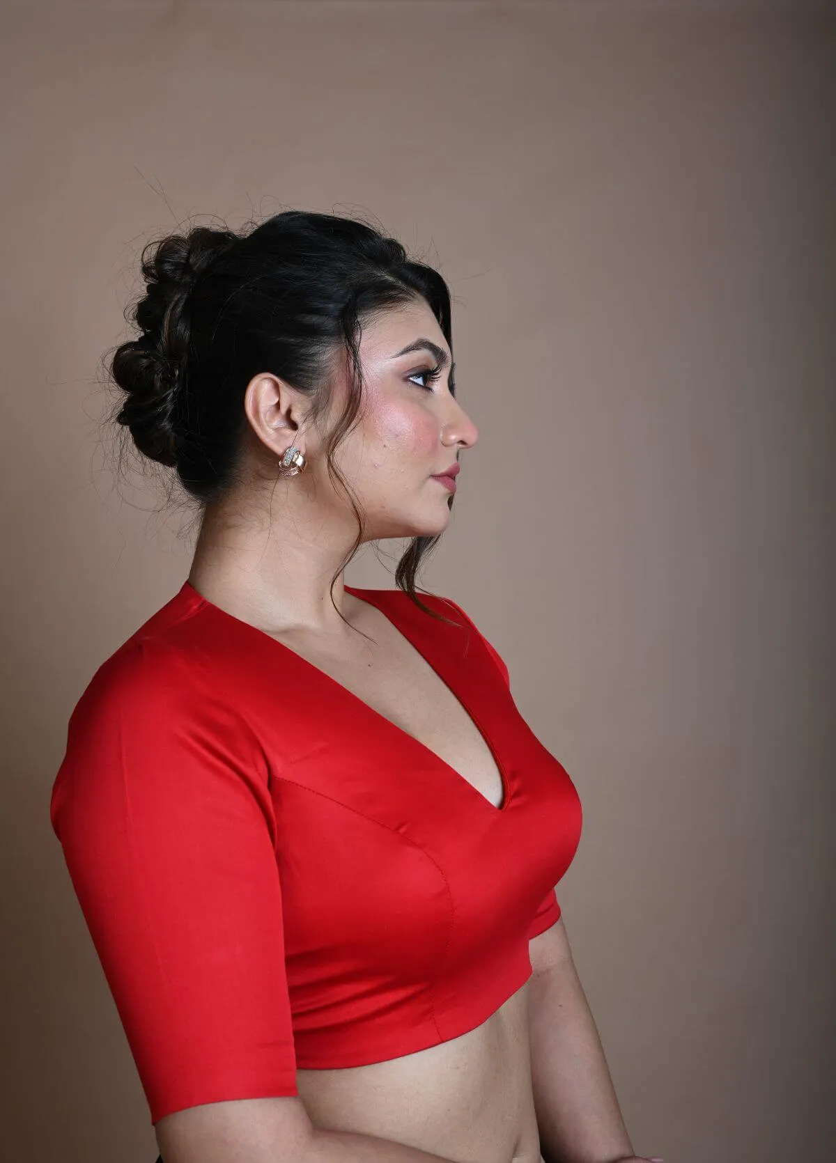 Red Half Sleeve Blouse in Cotton with V Neckline and Back Cutout